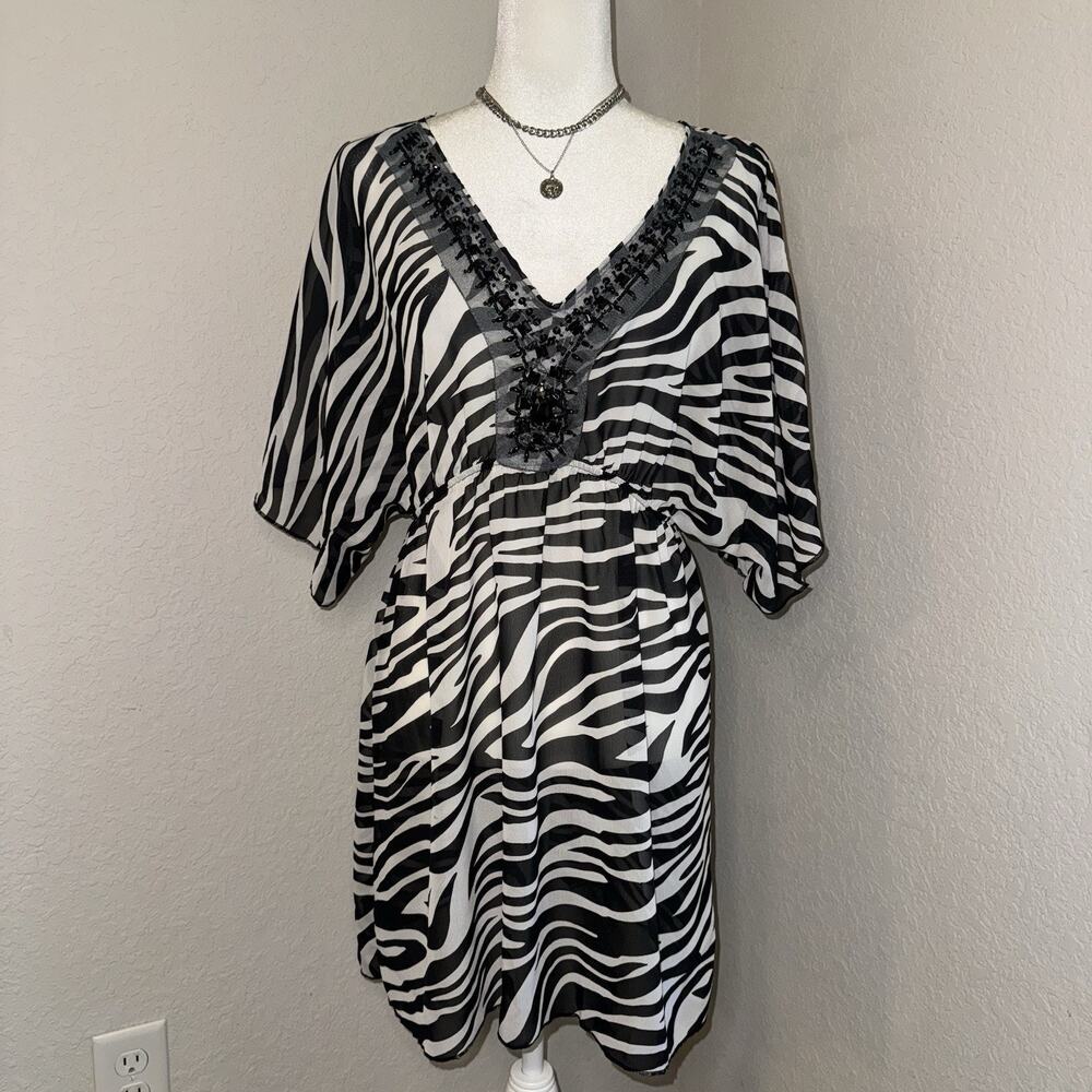 Miken Cover Up Dress Women's Large White Black Zebra Print Beaded Empire‎ Waist